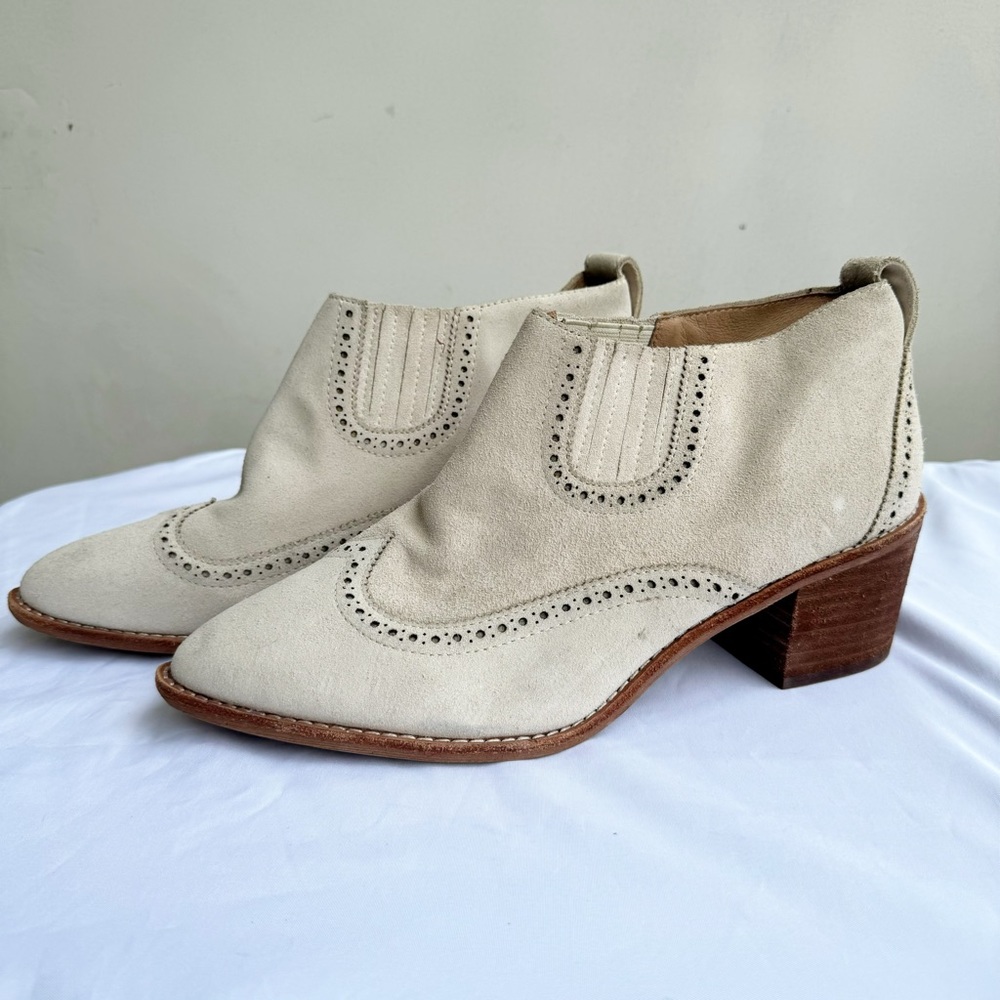 Madewell Grayson Brogue Suede Chelsea Boots Cream PointToe 9.5 Block Heel